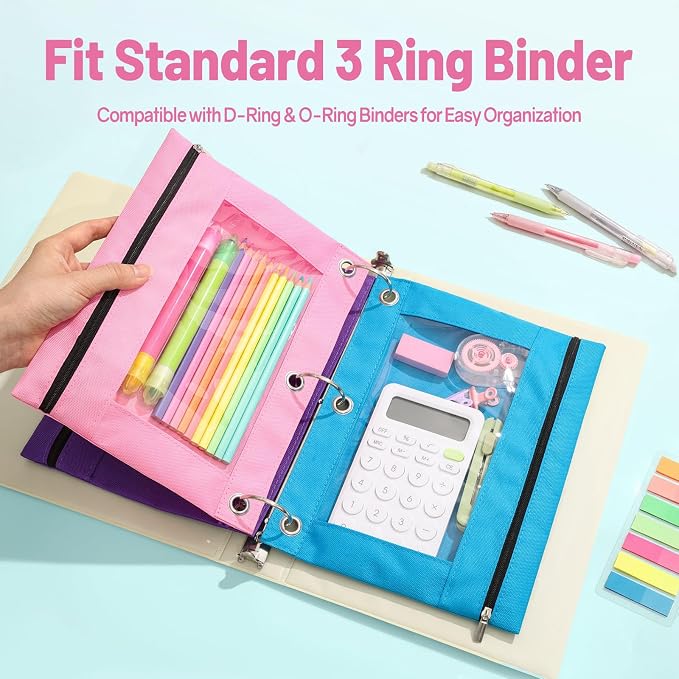 SUNEE Pencil Pouch for 3 Ring Binder, Zipper Pencil Pouch with Clear Window, 3 Reinforced Grommets, Binder Accessories for School and Office Supplies Storage, Pink