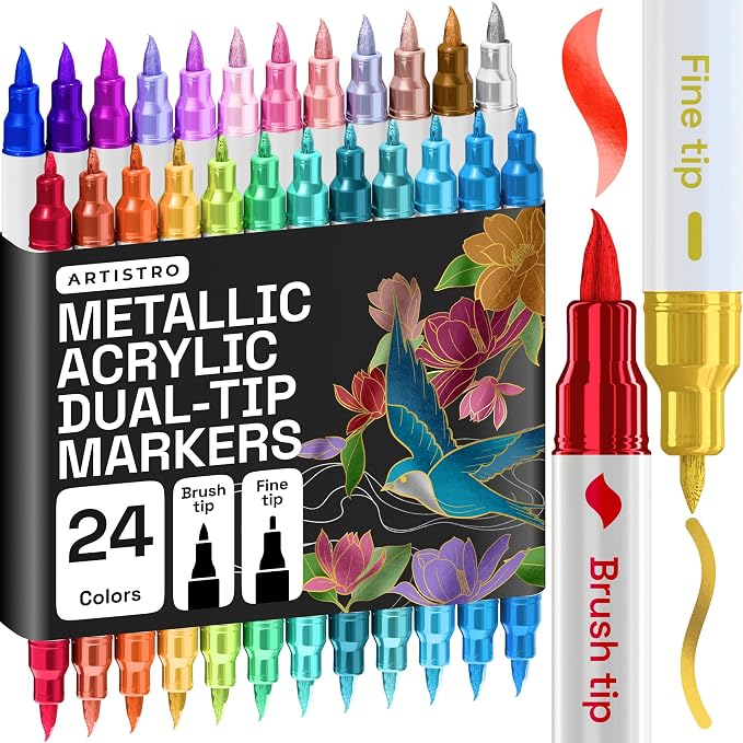 ARTISTRO 24 Metallic Acrylic Paint Markers - Paint Pens for Drawing - For Fabric, Rock, Glass, Wood, Molds - Arts & Crafts Gift for Adults, Teens, Kids, Classroom Must Haves & School Supplies