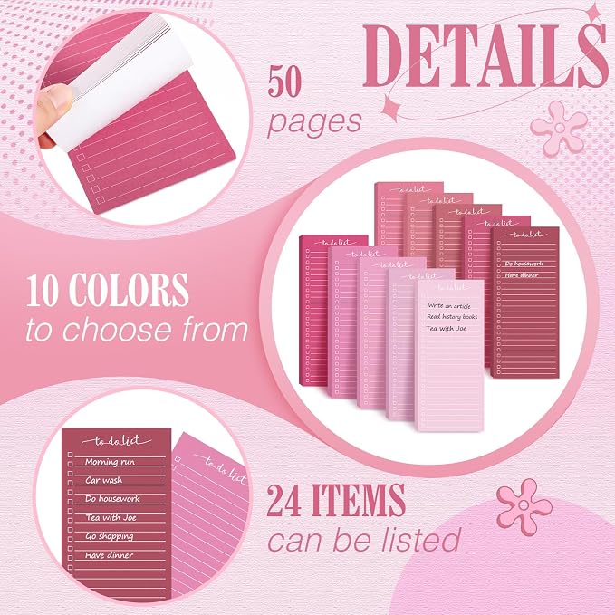 Censen 10 Pack 500 Sheets to Do List Notes Daily Checklist Notepad with 50 Sheets Undated Memo Pad Color Block Shopping List Weekly Plan Notepad Organizer Planners(Gradient Pink,Lined)