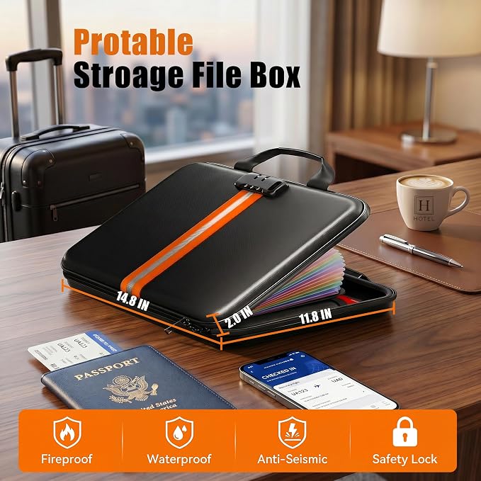 Fireproof Document Organizer with Lock, Rigid EVA File Box with 13-Pocket Accordion Folder for Important Documents & Tablets under 11", Lightweight Safe Storage for Home, Office & Travel (Small Size)
