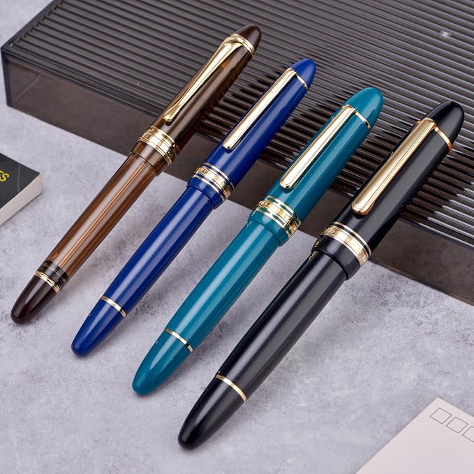 Yongsheng Junlai 930 Acrylic Fountain Pen, Size 9 Broad Nib with Piston Filling System, Piano Black Fence Ink Tank with Torpedo Shape Design Large Hand Pen (Gold Trim)