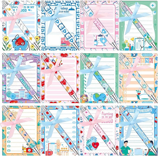 Eaasty 48 Pcs Nurse Gifts Bulk Funny Nurse Notepads and Ballpoint Pens with Ribbon Inspirational Thank You Gifts for Nursing, Coworker, Staff, Student, Healthcare Worker