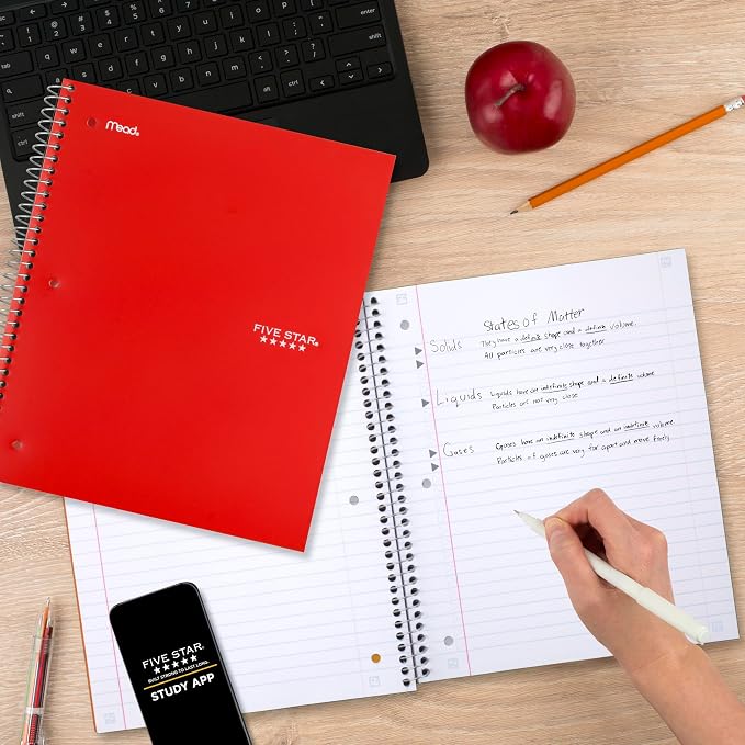 Five Star Spiral Notebook + Study App, 5 Subject, Wide Ruled Paper, 8" x 10-1/2", 200 Sheets, Fights Ink Bleed, Water Resistant Cover, Fire Red (72041)