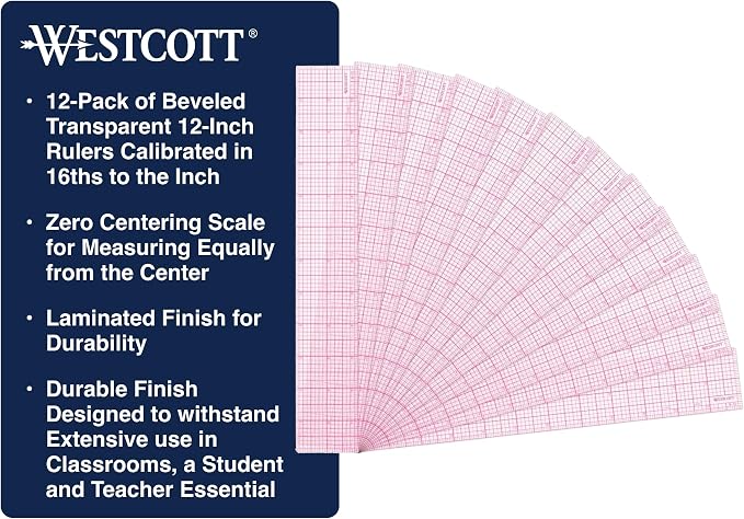 Westcott 8ths Graph Transparent Beveled Edge Ruler, Zero Centering Scale, Durable Laminated Finish,12-Inch, Measuring Tool for School, Office, Drafting, Sewing, Engineering, School Supplies, 12 Pack