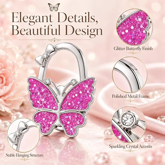 Purse Hook for Table, Foldable Handbag Hanger for Women, Portable Bag Holder with Non-Slip Base, Cute Sequin Purple Butterfly Purse Table Hook for Restaurant Office Travel Gift