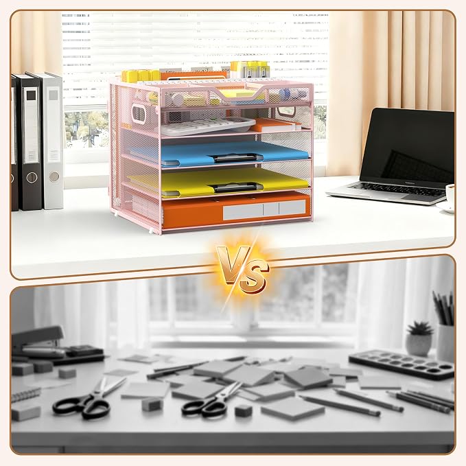 Docnest 5 Tier Desk Organizer with Hanging File Folder Holder&Tray, Pink | Features 3 detachable pen holders and 4 removable dividers.Versatile mesh desktop storage for mail, document,office supplie