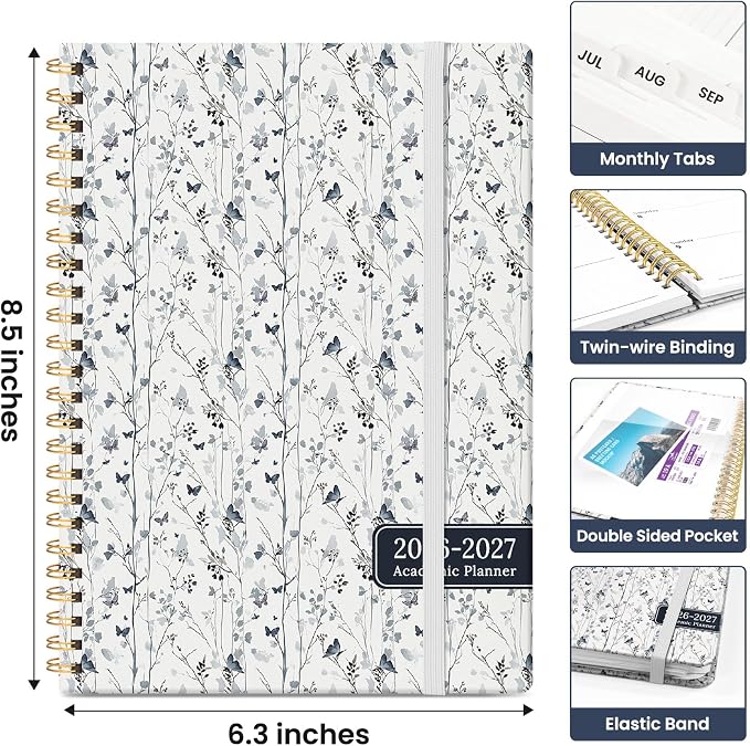 Planner 2026-2027, Academic Year Weekly and Monthly Calender Planner, from Jul 2026 - Jun 2027, Spiral Bound School Planning Book, Perfect for Teacher, Student, Women & Men, A5 (6.3" x 8.5"), Butterfly Grove