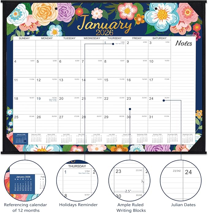 2026 Desk Calendar - Large Desk Calendar 2026, Jan. 2026 - Dec. 2026, 22" x 17", 2026 Calendar 12 Month with Corner Protectors, Desk Pad, To-Do List & Notes, Desk/Wall Calendar for Planning or Organizing - Blue Floral