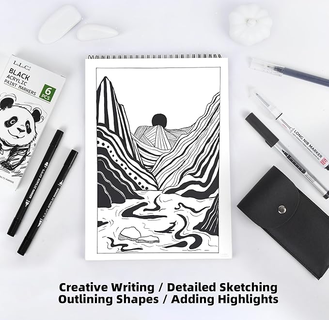 LIULIUCAI 6 Pcs Black Paint Pens– Fine Point Black Gel Pens, Dual-Tip Acrylic Paint Markers, Long Nib Alcohol Marker, Brush Tip Black Markers for Coloring Drawing Sketching Calligraphy Rock Painting