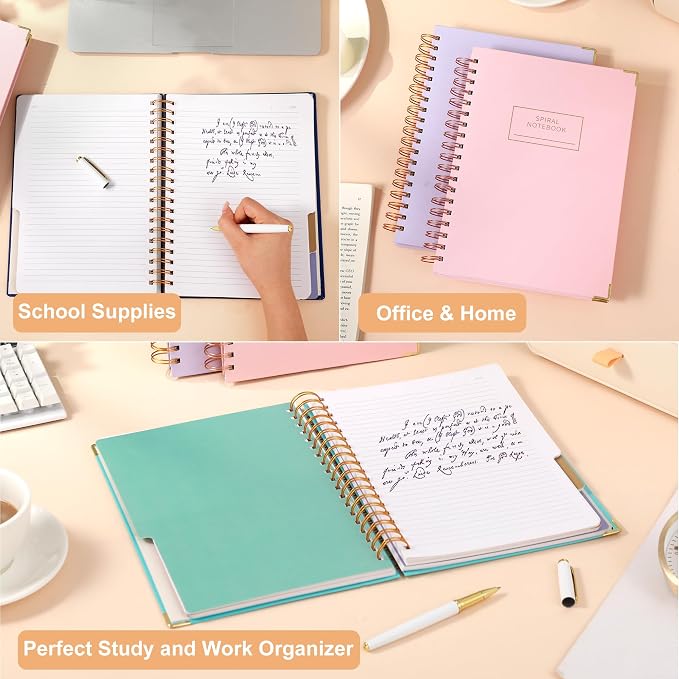 Yoment 2 Pack 5 Subject Notebook College Ruled, Hardcover Spiral Notebooks for Work School, B5 Multi Subject Notebook with Tabs Dividers, 240 Pages Lined Journal for Women Men, Pink&Pink
