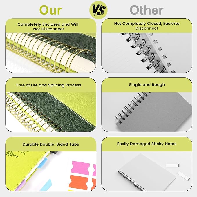 Spiral Notebook Wide Ruled Leather Journal for Women, 300 Pages, 7X10,Green | Large Notebooks for School Office, Note Taking Notebooks for Writing Lined Notebook with Tabs Pockets Pen Holder