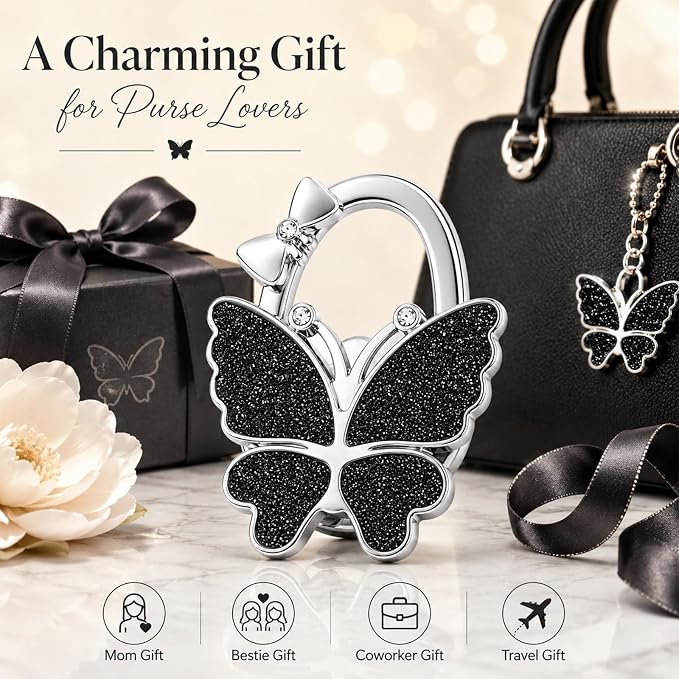 Purse Hook for Table, Foldable Handbag Hanger for Women, Portable Bag Holder with Non-Slip Base, Cute Black Glitter Butterfly Purse Table Hook for Restaurant Office Travel Gift