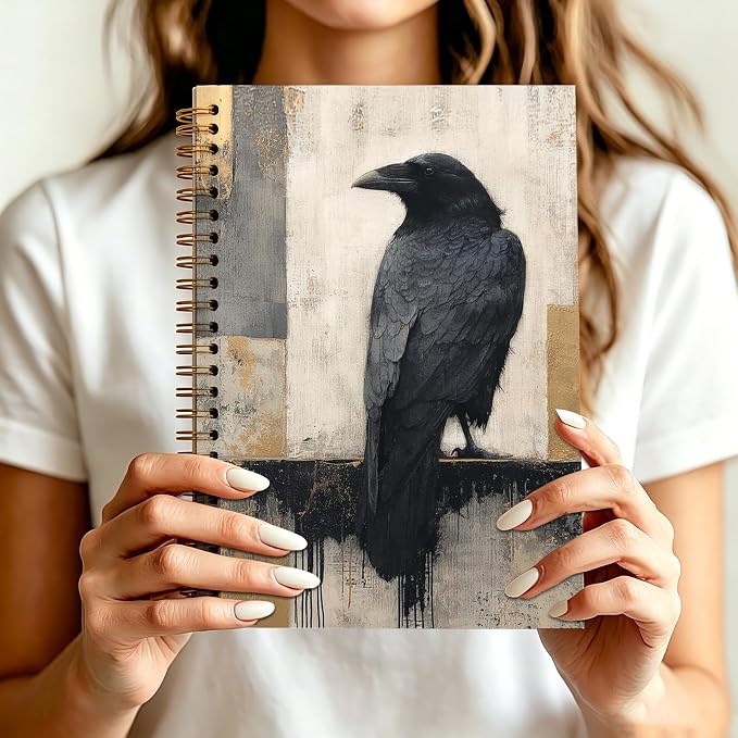 HOXUNQINA Dark Academia Gothic Raven Journal Notebook 5.5x8.3 | Raven Gifts for Women Men Journal, Modern Abstract Minimalist Black Crow Notebooks for Work