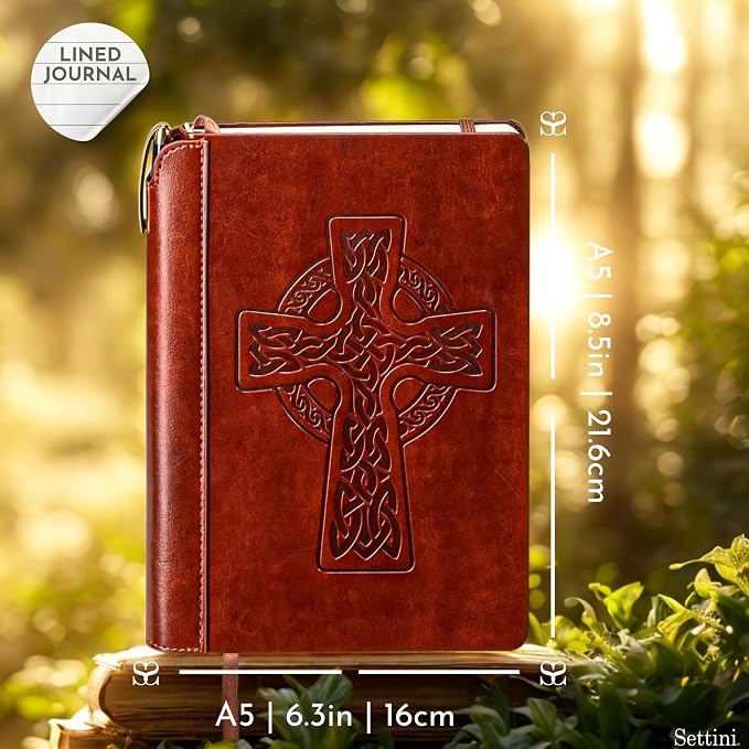SETTINI® Vegan Leather Journal Gift Set with Pen 192 Pages, Celtic Cross | hardcover, luxury pen + unique pen holder, gift box, bible journal, A5, 192 pages