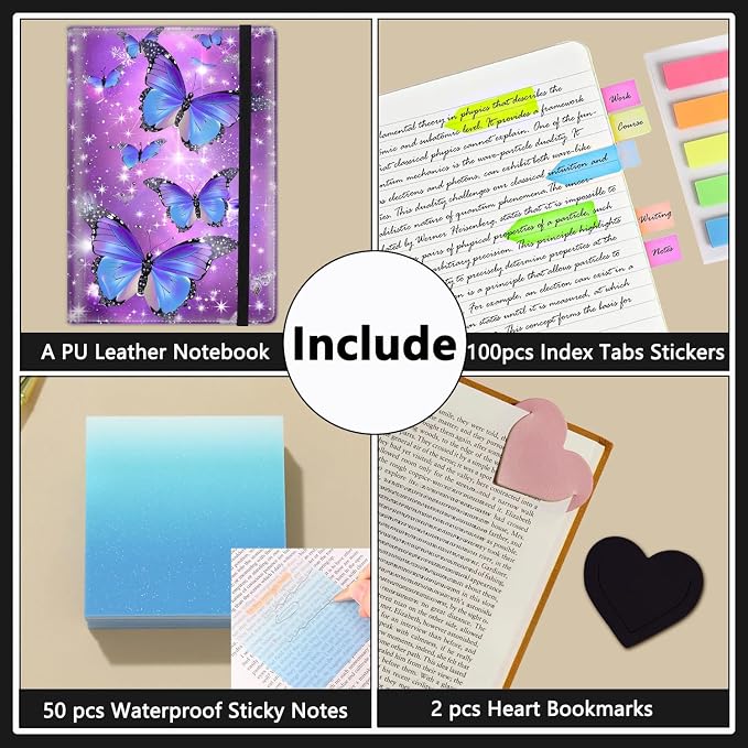 A5 Leather Lined Journal Notebook, 200 Pages Hardcover Executive Notebook for Men Women Office School Note Taking, Thick Writing Paper Daily Journal with Bookmarks/Indexes, Blue Butterfly Purple