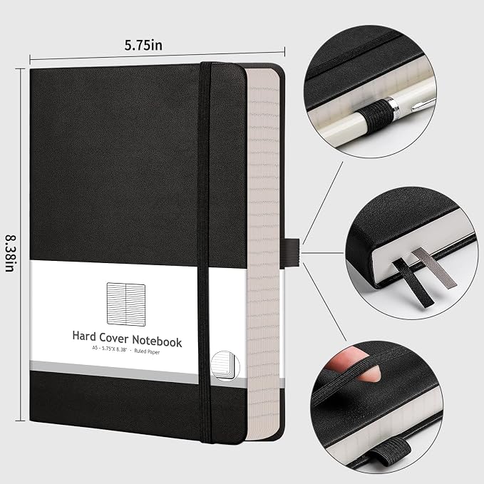 AHGXG Lined Journal Notebook, 320 Numbered Pages, A5 (5.75'' X 8.38'') | Thick Lined Notebook for Note Taking, 100GSM Paper, Leather Hardcover, for Women Men (Black)