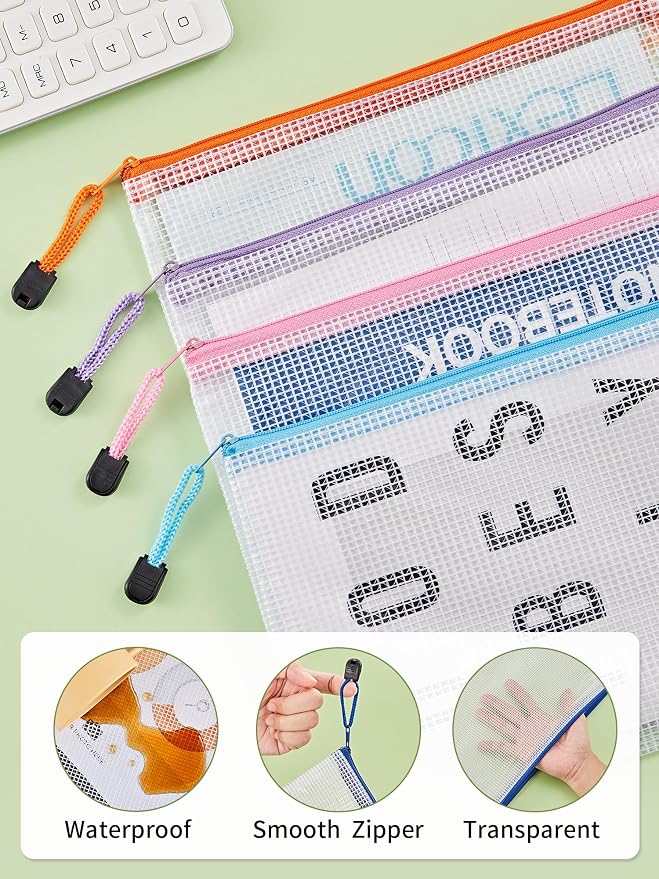 JARLINK A5 Mesh Zipper Pouches, 6x9inch Pencil Pouches for School, 30 Pack | 10 Colors Mesh Zipper Pouches, Waterproof Zipper Reusable Pouch for Office Supplies, Cosmetics, Bikini, Travel Storage