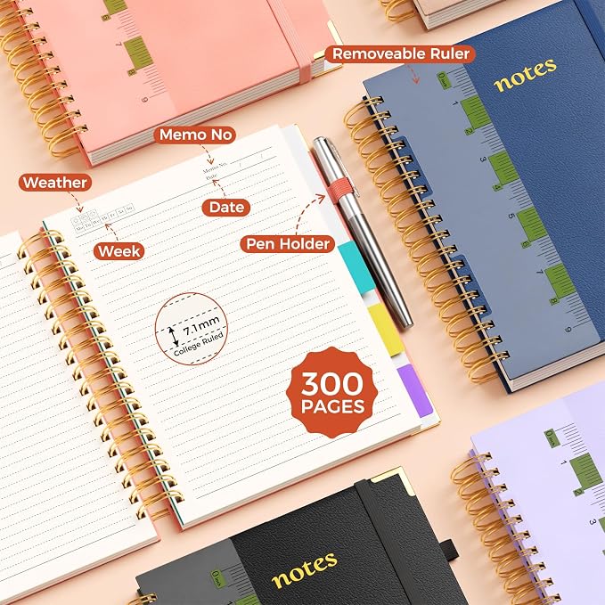 Line Hardcover Spiral Notebook with Removable Dividers Tabs & Ruler, 5 Subject Notebook College Ruled, 300 Page, Large 8"x10" B5 Notebooks for Work School, Lined Journal for Women, Noble Blue