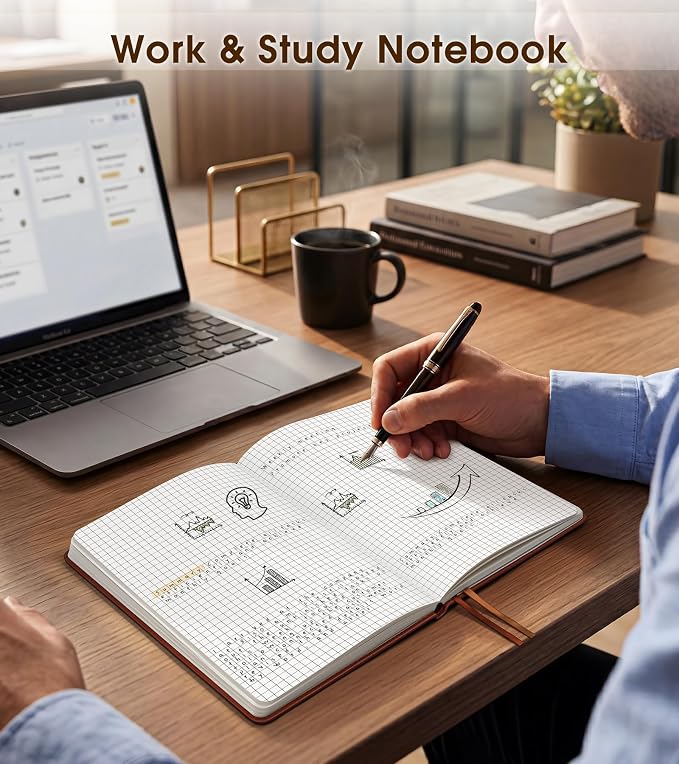 A5 Leather Hardcover Graph Paper Notebook, 160 Pages (5 Squares/Inch), 180° Lay-Flat Binding, 100 GSM Thick Paper, for Math, Engineering, Students & Technical Work (Brown)