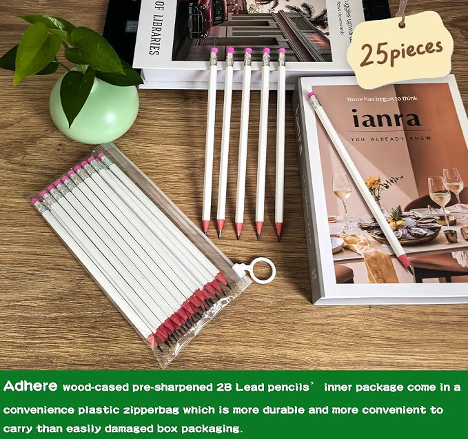 Adhere 25pcs Woodcase Pencils with Eraser Premium Pre-Sharpened Hexagon Graphite 2B pencils ideal for home, office writing including a Free Sharpener(White・25pcs)