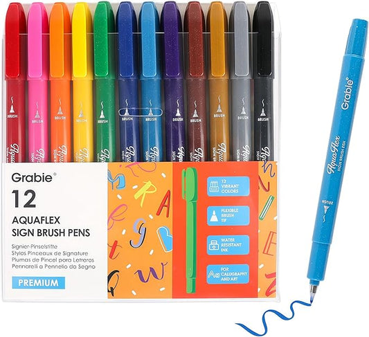 Grabie AquaFlex Sign Brush Pen Set of 12 – Flexible Brush Tip with Waterproof, Archival Ink for Calligraphy, Journaling, Drawing & Illustration – Vibrant, Quick-Drying, Non-Toxic & Smudge-Proof