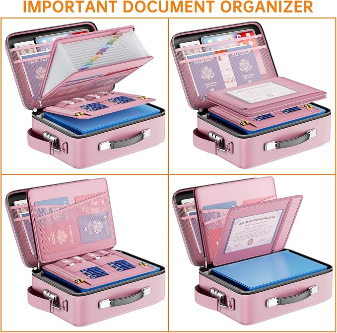 DocSafe Fireproof Document Box with Lock＆Shoulder Strap,Hard Case File Organizer with Accordion File Folder,Multi-Layer Portable Home Office Travel Safe Storage for Important Documents Laptop Pink