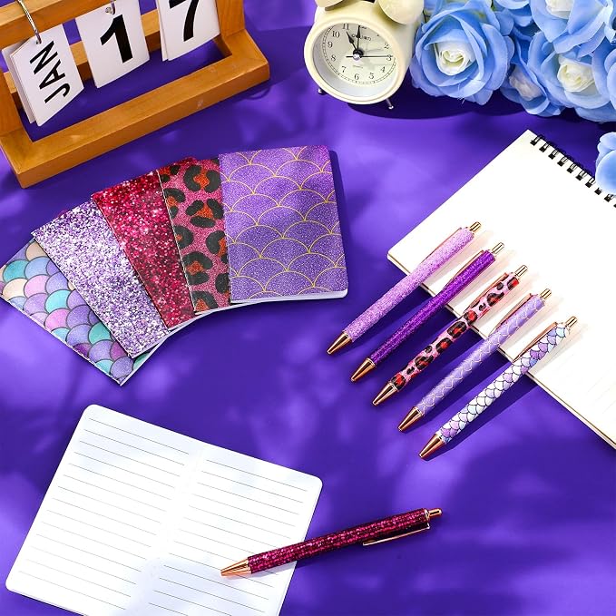 12 Set Cute Mini Notebook and Fancy Pen Gift Set for Women 6 Mini Glitter Pocket Notepad 6 Cute Sparkly Glitter Pen for Girl Office First Day of School Mother's Day Christmas Graduation(Purple)
