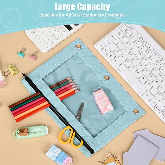 Lanpn Pencil Pouch for 3 Ring Binder 6 Pack, Pastel Binder Pen Bags with Zipper, 3 Holes Pencil Holder Stationary Organizer for Boy Girl Kids School Student, Reinforced Grommets & Clear Window, Blue