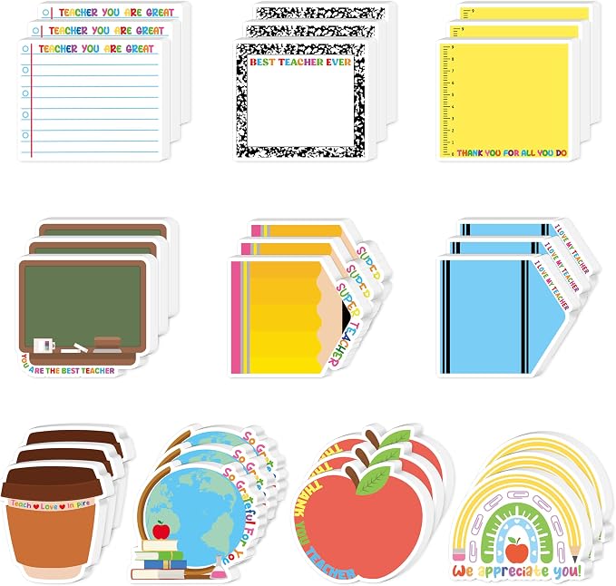Xqumoi 30 Pack Teacher Appreciation Sticky Notes School Office Supplies | Teacher Self-Adhesive Writing Memo Pad, Page Marker Notepads, Blackboard Apple Pencil Shaped, Back to School Gift, Classroom