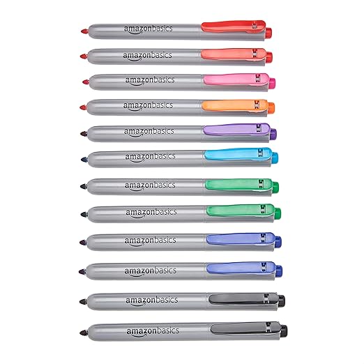 Amazon Basics Retractable Permanent Markers, Quick Drying Fade Resistant Ink, Versatile Art Supplies for Drawing, for Home, School, and Office Use, Assorted Colors, 12 Count (Pack of 2)