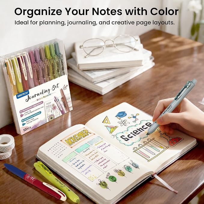 WRITECH Gel Pens Journaling Highlighters: Journal Set Aesthetic Assorted Vintage Color Ink 0.5mm Fine Point Retractable 2 in 1 Pen Smooth Writing Drawing 10ct