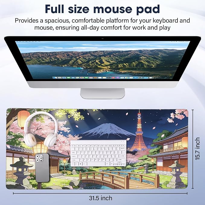 Durable Desk Pad 31.5x15.7 Inch - Thick XXL Mouse Pad with Anti Fray Stitched Edges, Natural Rubber Base, Smooth Fabric Top, Bridge