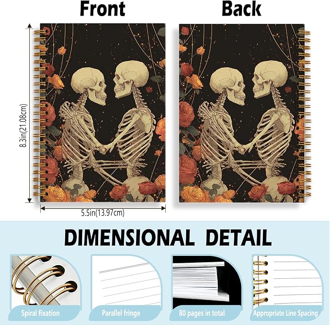 HOXUNQINA Gothic Halloween Couple Skeleton Journal Notebook 5.5x8.3 | Romantic Rose Flower Skeleton Lovers Journal for Women, Dark Academia Gothic Office Supplies Notebooks for Work
