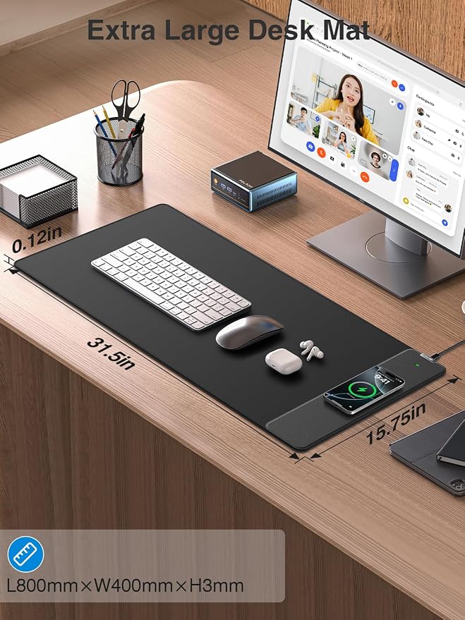 Wireless Charging Mouse Pad, 31.5"x15.8" Large Desk Mat, Smooth Glide | Waterproof Mousepad, Stitched Edge, Non-Slip Rubber Base, Desk Pad Computer Keyboard Mat, No Adapter