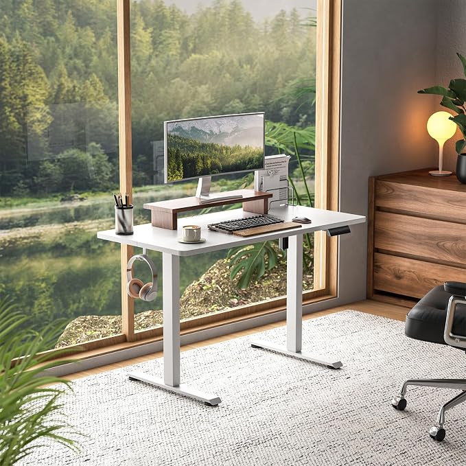 Veken 47.2 Inch Large Electric Standing Desk, Gaming Table, White | Height Adjustable Sit Stand Up Computer Tables for Home Office, Study , Writing, Suit students, employees and group work