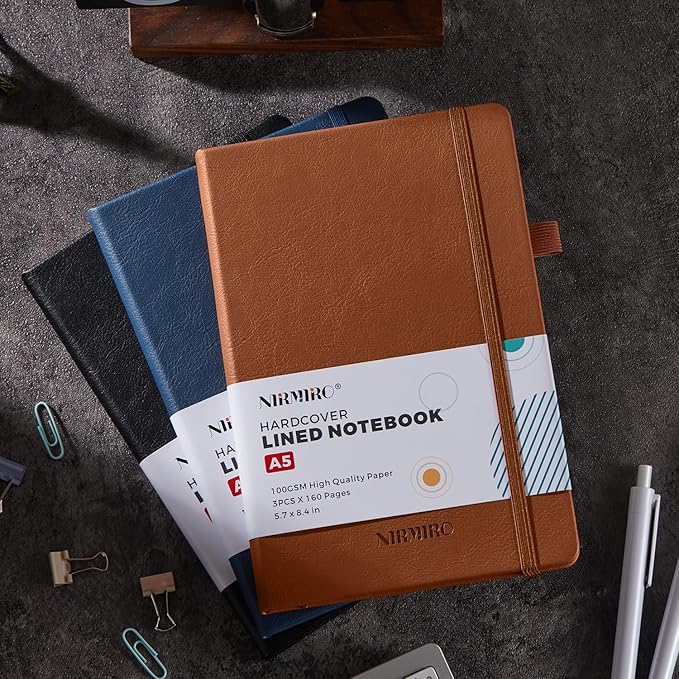 Lined Journal Notebook, with Pen, Leather Hardcover, A5 (5.7"x8.4"), 3 Pack, for Women Men, Work, Writing, Travel