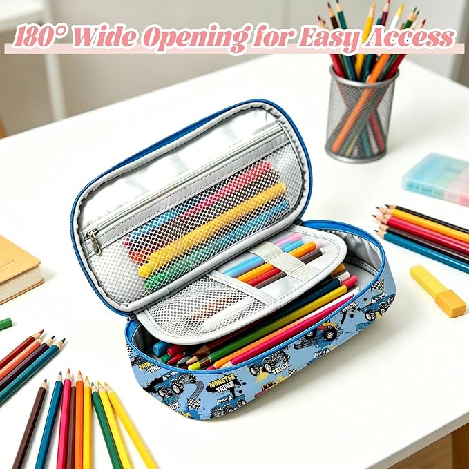 Monster Truck Pencil Case for Boys, Large Capacity Kids Car Pencil Box with Zipper Compartments, Portable Pen Pouch Bag for Office School Travel