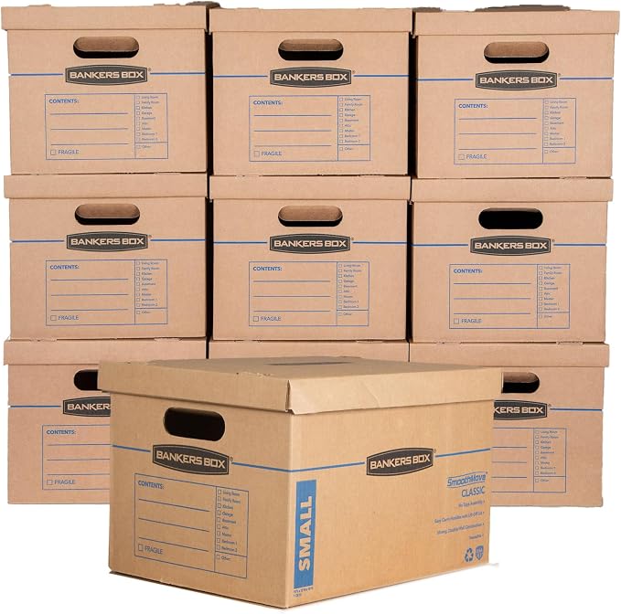 Bankers Box 10-Pack Small Classic Moving Boxes with Reinforced Handles | Pack books, files, and dense items with sturdy small boxes built for easy carrying and organized moves.