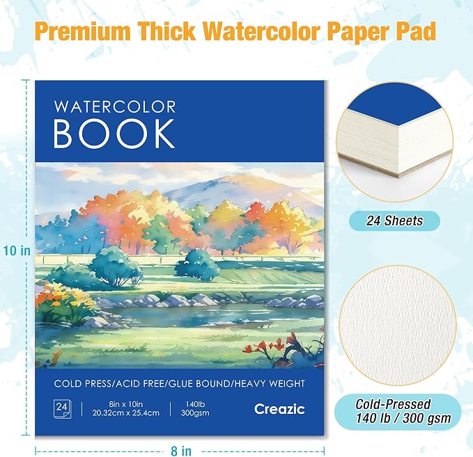 Creazic Watercolor Paper Pad 8"x10" (140lb/300gsm) - Acid-Free Artist Notebook | Cold-Pressed Heavyweight Sketchbook for Adults, Kids & Beginners - Ideal for Watercolors, Mixed Media & Crafts (Blue)
