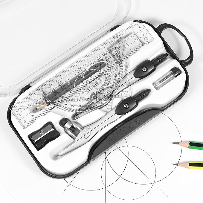 Unjoo Geometry Sets 10 Pcs Student Supplies, Protractor and Compass (Black) | Shatterproof Storage Box,Rulers,Protractor,Compass,Eraser,Pencil Sharpener,Lead Refills,Pencil,for Classroom, Back to School