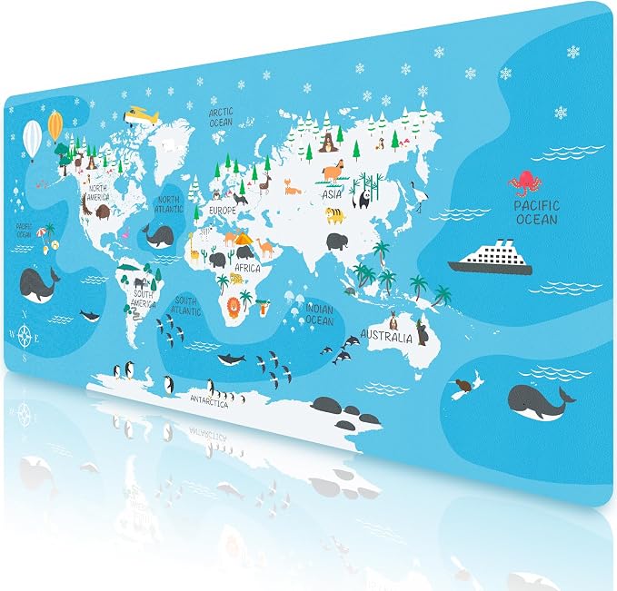 Kids World Map Desk Mat PU Leather Study Pad, 34.5"x15.7" | Non-Slip Waterproof Desk Pad for Boys & Girls, Learning Geography Study Mat, School Desk Protector, Gift for Children