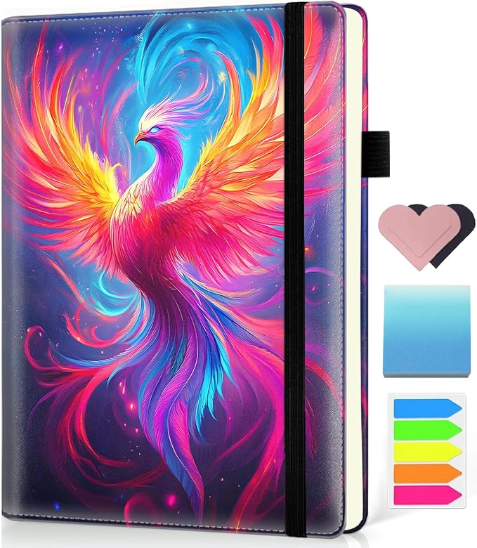 Hardcover Executive Notebooks, A5 PU Leather Lined Journal Notebook, 200 Pages Thick Paper Subject Notebooks for School,Work,Home Writing Business Notebook, Diary Book ，Synthwave Phoenix
