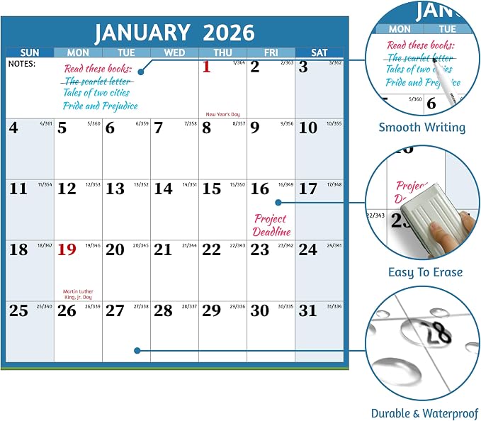 2026 Dry Erase Calendar – Large Yearly Wall calendar 2026, 45.1'' x 33.7'', 2-Side Reversible Calendar 2026, Vertical/Horizontal, Jan 2026 – Dec 2026, 2026 Wall Calendar with Notes, Stickers