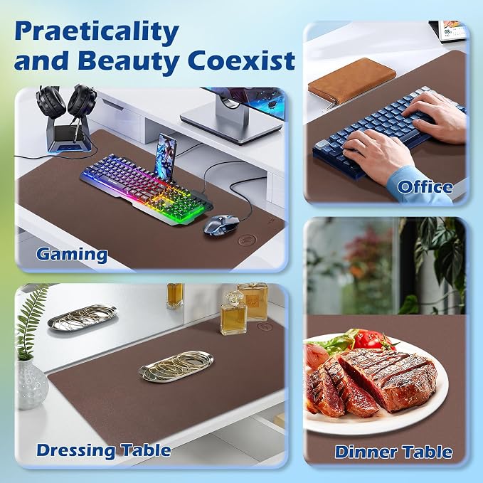 Wireless Charging Desk Mat, Mouse Pad, Brown-R, 36x17 inch