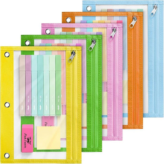 Mr. Pen- Pencil Pouch for 3 Ring Binder, 5 Pack, 10"x7", Smooth Zipper | Clear Window, Large Capacity Pencil Case with 3 Reinforced Grommets for School, Office, Supplies Storage | Clear Window, Large Capacity Pencil Case with 3 Reinforced Grommets for ...