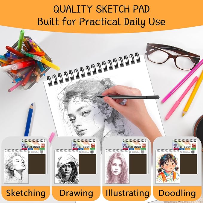 WINNER 9" x 12" Sketch Book 4 Pack, 400 Sheets Spiral Bound Art Sketchbook, 68lb/100gsm White Acid Free Drawing Pad, Sketching Drawing Writing Sketch Pad for Kids, Adults & Artists, Art Supplies