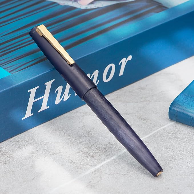Jinhao 80 Denim Blue Fiber Brushed Fountain Pen, Iridium Extra Fine Gold Nib with Ink Converter, Classic Design Smooth Writing Pen (Gold Clip)