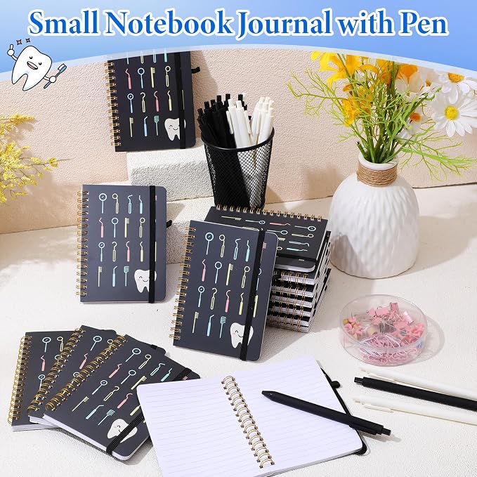 Fulmoon 24 Set Dental A6 Spiral Notebook with Ballpoint Pens 50 Sheets, 4"x 6" Small College Ruled Notepads Journaling Notebooks Bulk Dental Assistant Hygiene Gifts for Back to School Supplies Offices