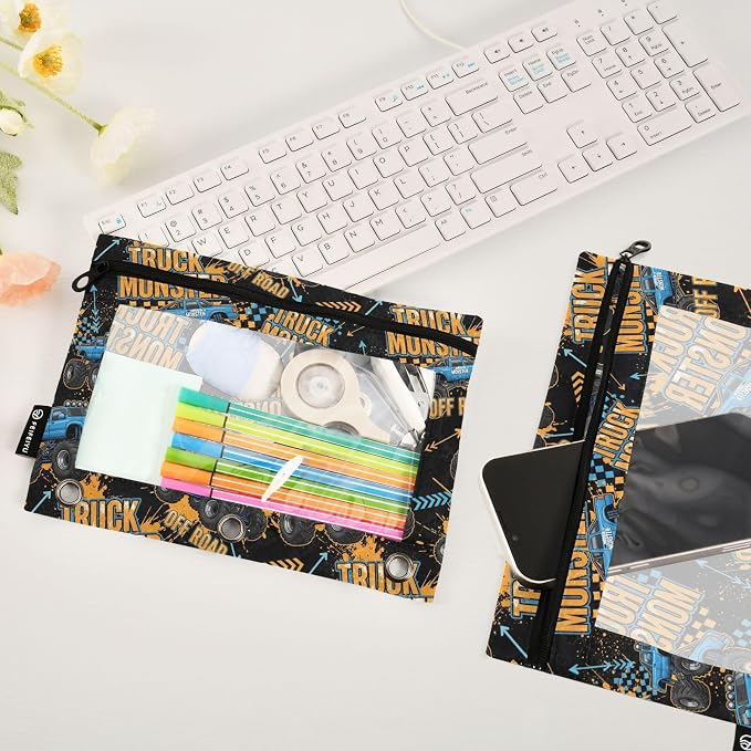 Emelivor Truck Cool Black Pencil Pouch for 3 Ring Binder 2 Pack Large Capacity Pencil Pouches with Zipper Clear Binder Pencil Case Bag for Office College Daily Supplies