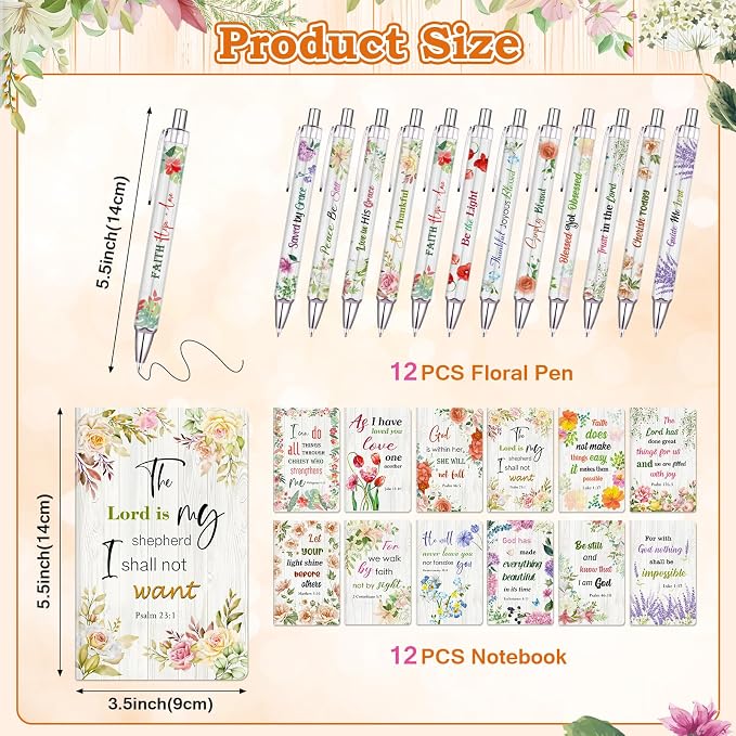 36 Pcs Christian Bulk Gifts for Women, Religious Notebook Gifts, 3.5"x5.5" | 12 Mini Bible Verse Notepads, 12 Scripture Ballpoint Pens, 12 Magnetic Cross Bookmarks,Cute inspirational Prizes Party Favors